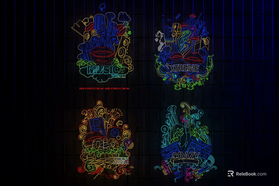 Colorful Decorative Lights Featuring Neon Effect Various Patterns and Text Elements Like Challenge and Dream 3d model 