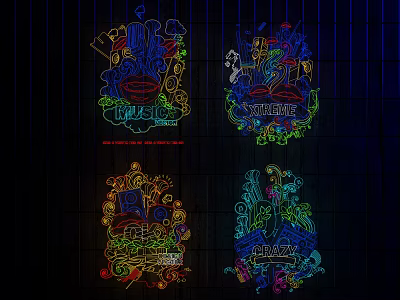 Colorful Decorative Lights Featuring Neon Effect Various Patterns and Text Elements Like Challenge and Dream 3d model