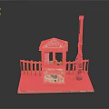 Traditional Ticket Booth With Decorative Roof Wooden Fence Stone Pavement And Tall Pole