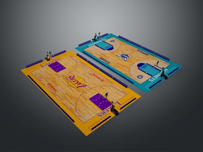 Two Basketball Courts Featuring Lakers Logo Blue And Yellow Purple Surface Design 3d model