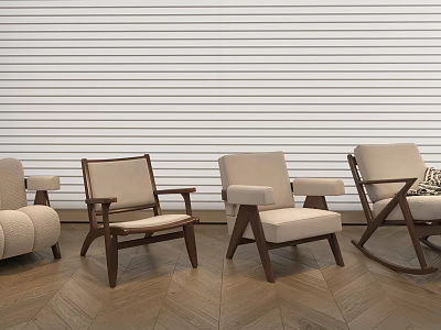 Modern Leisure Chairs with Wooden Frames and Upholstered Seats Against Striped Wall and Wooden Flooring 3d model