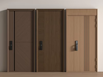 Modern Home Security Doors With Different Wooden Textures And Metal Handles Design 3d model