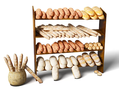 Fresh Bread Display On Wooden Rack With Wicker Basket And Loaves 3d model