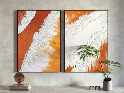 Orange And White Abstract Paintings On Gray Wall With Green Plant And Decorative Items 3d model