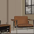 Brown Leather Leisure Chair With Metal Frame Wooden Side Table And City View Through Window
