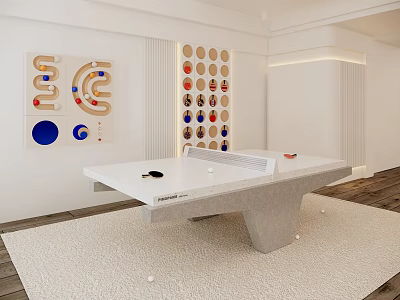 Sleek Modern Ping Pong Table With White Surface And Colorful Wall Decor 3d model