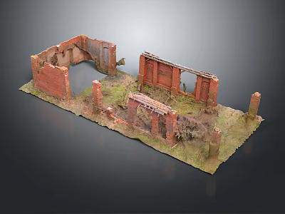 Ruined Red Brick Structure With Broken Walls And Overgrown Grass Foundation 3d model