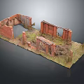 Ruined Red Brick Structure With Broken Walls And Overgrown Grass Foundation