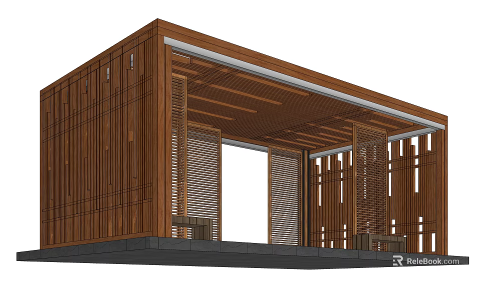 Modern Wooden Pergola Structure With Lattice Panels And Roof Design 3d model 
