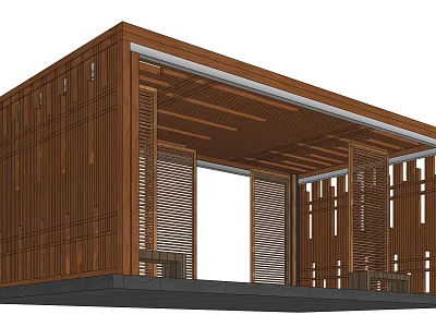 Modern Wooden Pergola Structure With Lattice Panels And Roof Design 3d model