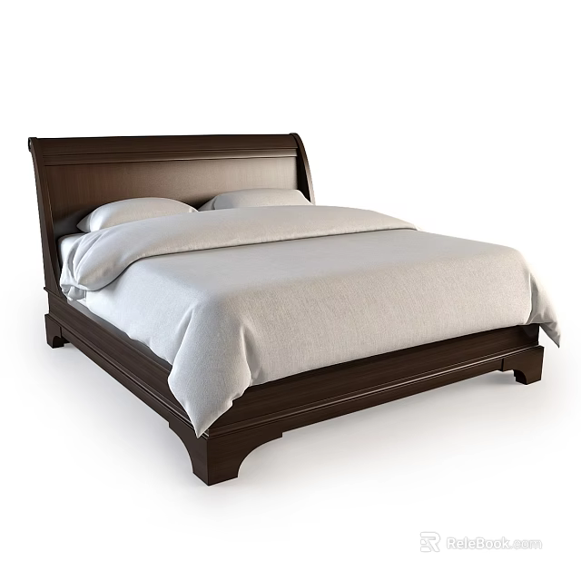 Classic Double Bed With Dark Wooden Frame Light Colored Bedspread And Pillows 3d model 