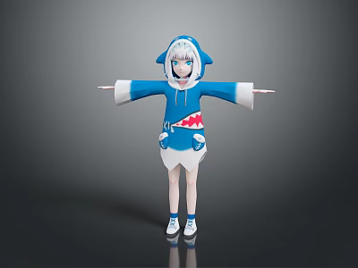 Cute Child In Shark Themed Blue And White Hoodie With Arms Outstretched And Shark Details 3d model