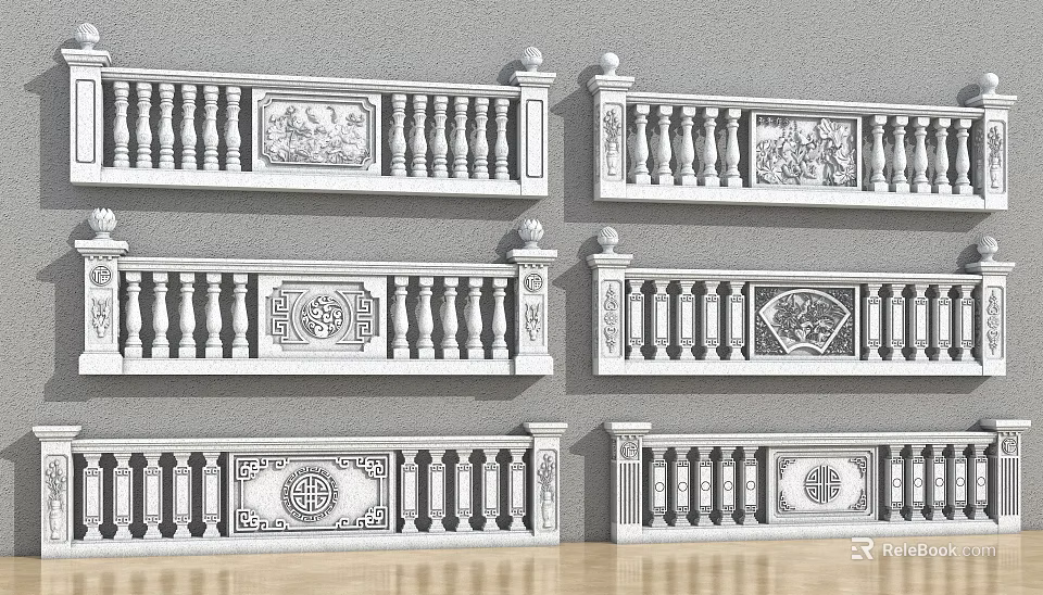 Classical Carved White Railings With Intricate Patterns And Decorative Designs 3d model 