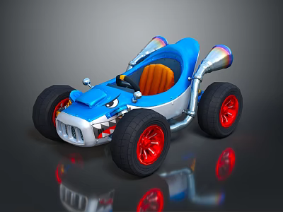 Blue Go Kart With Orange Seats Large Red Rim Tires And Silver Exhaust Pipes 3d model