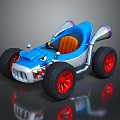 Blue Go Kart With Orange Seats Large Red Rim Tires And Silver Exhaust Pipes