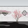 Garden Plant Combination With Pink Blossom Trees White Wall Black Lattice And Stone Ground
