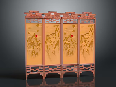 Chinese Four Panel Screen With Red Wooden Frame Carved Patterns Yellow Landscape Paintings Red Accents 3d model