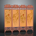 Chinese Four Panel Screen With Red Wooden Frame Carved Patterns Yellow Landscape Paintings Red Accents