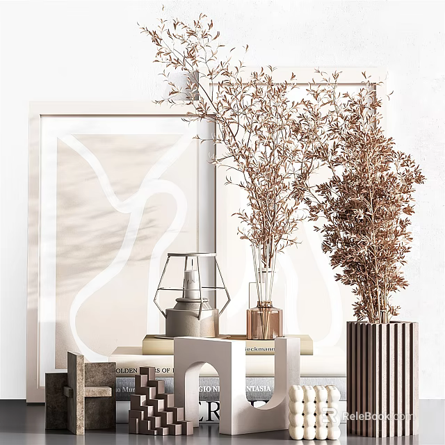 Modern Decorative Ornament Set With Dried Flowers Metal Lantern And Geometric Vases On Minimalist Background 3d model 