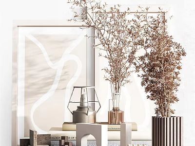 Modern Decorative Ornament Set With Dried Flowers Metal Lantern And Geometric Vases On Minimalist Background 3d model
