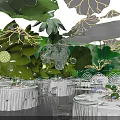 Lush Green Themed Banquet Hall With Leaf Shaped Decor White Tablecloths And Flower Centerpieces 3d model