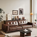 Brown Leather Two Seater Sofa in Living Room with Decorative Paintings and Floor Lamp