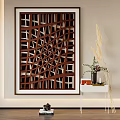 Brown Geometric Wall Art With White Console Table And Decorative Items 3d model