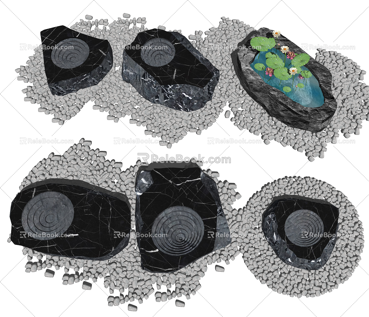 New Chinese style water bowl Heishan stone water bowl running water stone bowl landscape sketch 3d model