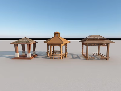 Three Different Wooden Gazebos With Traditional Roof Designs In Outdoor Setting 3d model