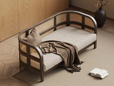 Stylish Single Sofa With Rattan Frame Beige Cushion Throw Pillow And Blanket On Wooden Floor 3d model