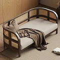 Stylish Single Sofa With Rattan Frame Beige Cushion Throw Pillow And Blanket On Wooden Floor