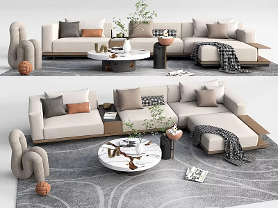 Modern Sofa and Coffee Table Set With Round Marble Top Pillows Throw Blanket And Plants 3d model