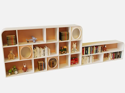 Kids White Bookcase Design With Books Toys Airplane Car And Rabbit Doll 3d model
