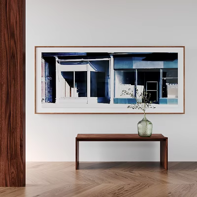 Architectural Landscape Painting Hanging On White Wall With Wooden Bench 3d model