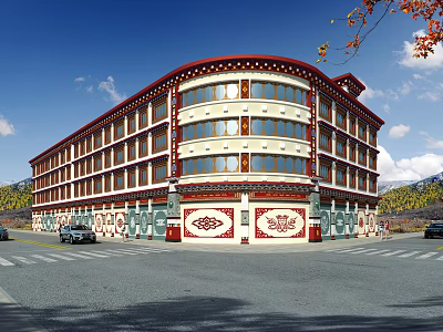 Traditional Style Multi Story Building Exterior With Red White Decor And Windows 3d model
