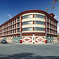Traditional Style Multi Story Building Exterior With Red White Decor And Windows