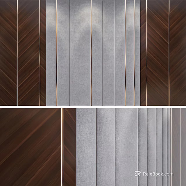 Modern Sofa Background Wall With Wooden Fabric Panels And Metal Trim 3d model 