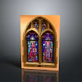 Architectural Structure Featuring Arched Stained Glass Windows With Religious Figure Designs