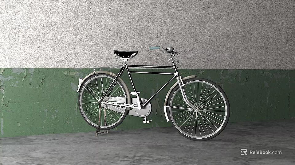 Vintage Bicycle With Black Frame Silver Wheels Against Gray Green Wall On Concrete Floor 3d model 
