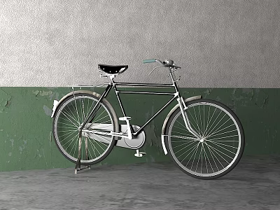 Vintage Bicycle With Black Frame Silver Wheels Against Gray Green Wall On Concrete Floor 3d model