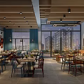 Modern Restaurant Interior Design With Wooden Ceiling Large Windows And Decorative Paintings