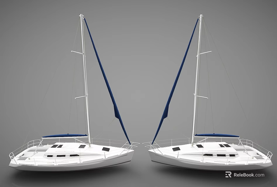 Two White Yachts With Blue Sails Side By Side 3d model