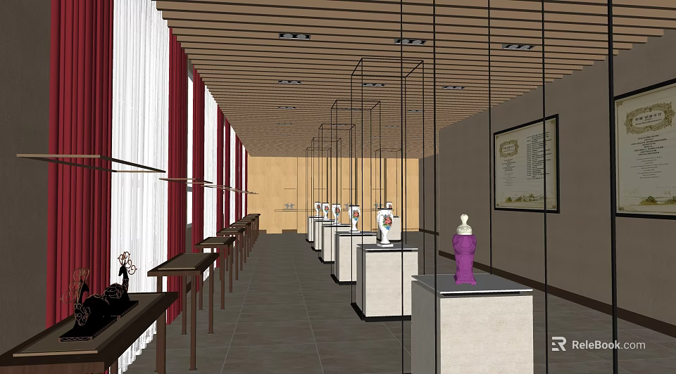 Museum Exhibition Hall Interior With Wooden Ceiling Display Cases And Exhibits 3d model 