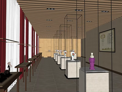 Museum Exhibition Hall Interior With Wooden Ceiling Display Cases And Exhibits 3d model