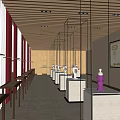 Museum Exhibition Hall Interior With Wooden Ceiling Display Cases And Exhibits