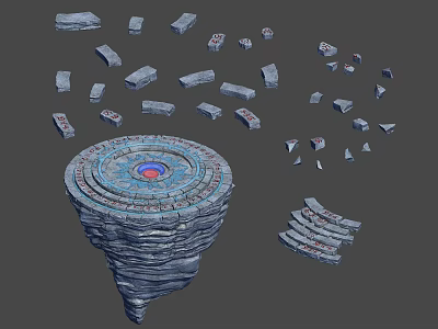 Ancient Broken Stone Structure With Spiral Platform Red Center And Scattered Pieces 3d model