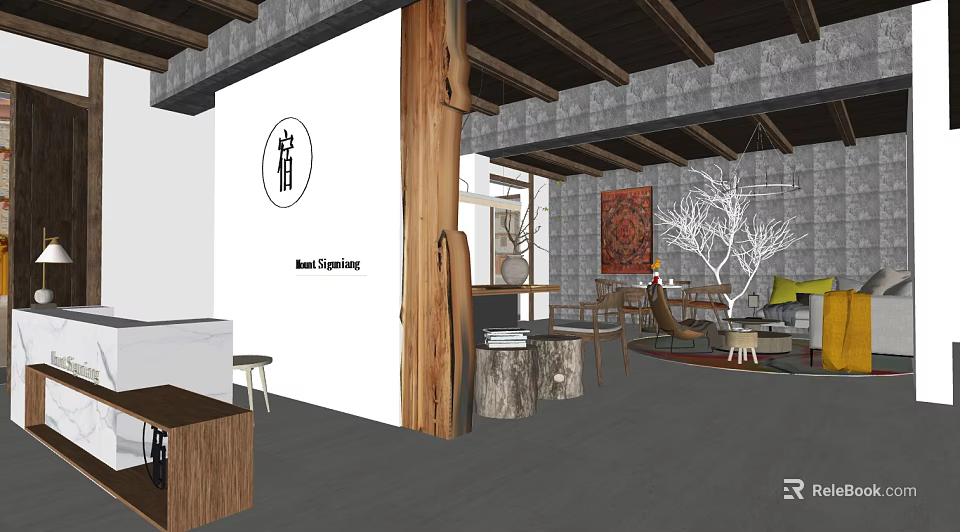 Modern Hotel Lobby Interior Design With Wooden Pillar Sofa And Tree Branch Decoration 3d model 