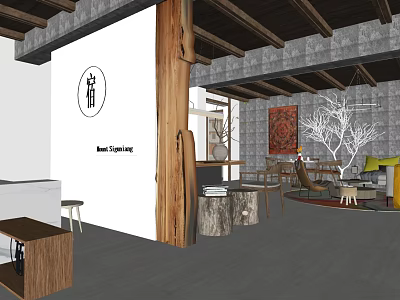 Modern Hotel Lobby Interior Design With Wooden Pillar Sofa And Tree Branch Decoration 3d model