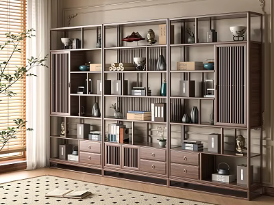 Elegant Chinese Wooden Bogu Shelf Interior With Antiques Vases Books And Decorative Items 3d model