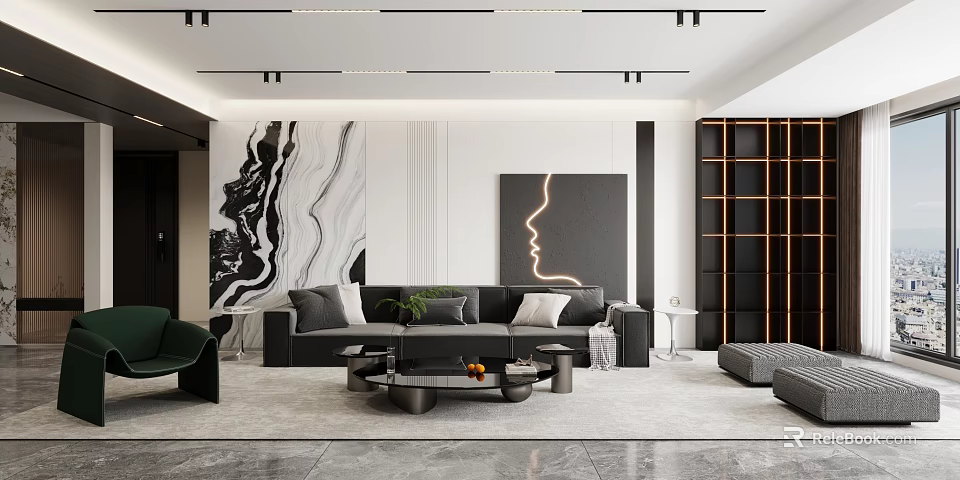 Modern Living Room Interior With Grey Sofa Art Decor And Coffee Table 3d model